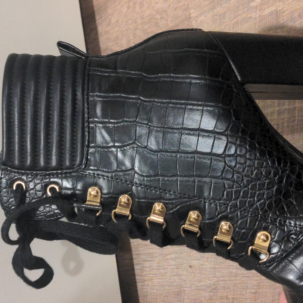 Shoe Dazzle Black Croc Lace-Up Boots - Picture 5 of 7